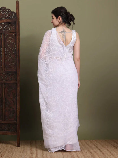 Back view of exclusive white Tepchi hand-made Chikankari saree with detailed pallu