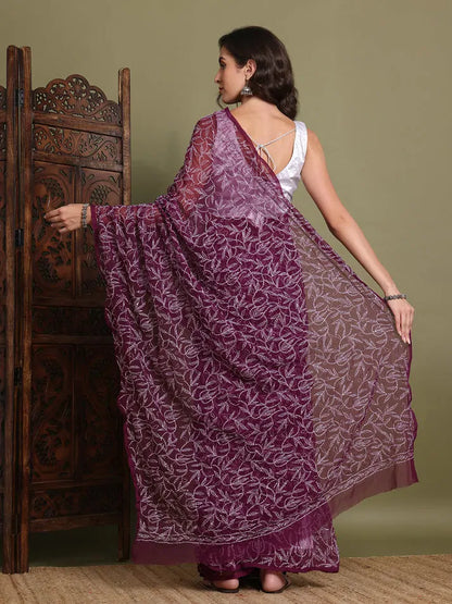 Back view of exclusive wine Tepchi hand-made Chikankari saree with detailed pallu
