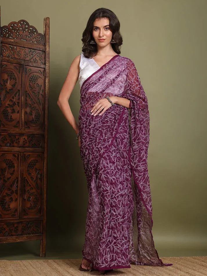 Front view of exclusive wine Tepchi hand-made Chikankari saree for women