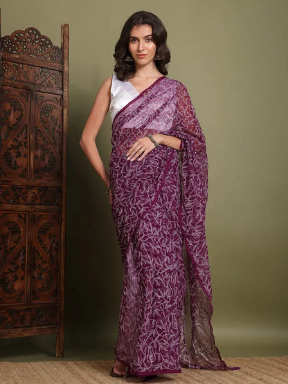 Front view of exclusive wine Tepchi hand-made Chikankari saree for women