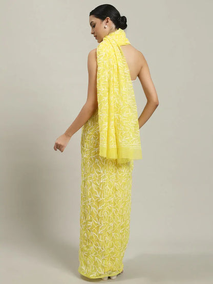Back view of exclusive yellow Tepchi hand-made Chikankari saree with detailed pallu