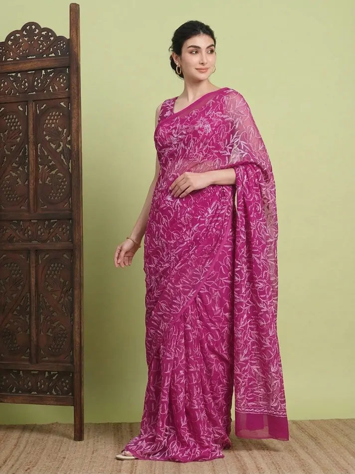 Magenta Pink Chikankari Saree Seated Angled View