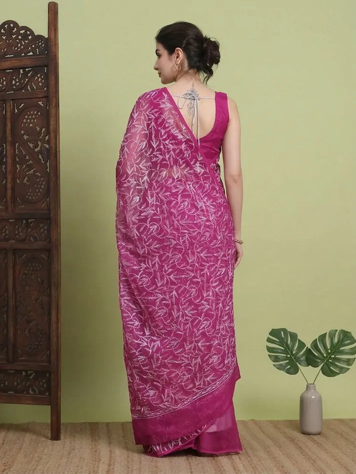 Magenta Pink Chikankari Saree Back Pose