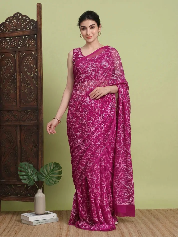 Magenta Pink Lucknowi Chikankari Saree Front View