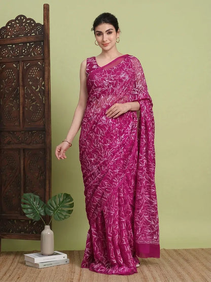 Magenta Pink Lucknowi Chikankari Saree Front View