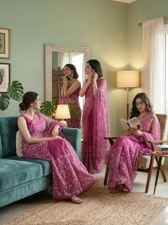 Magenta Pink Chikankari Saree Group View