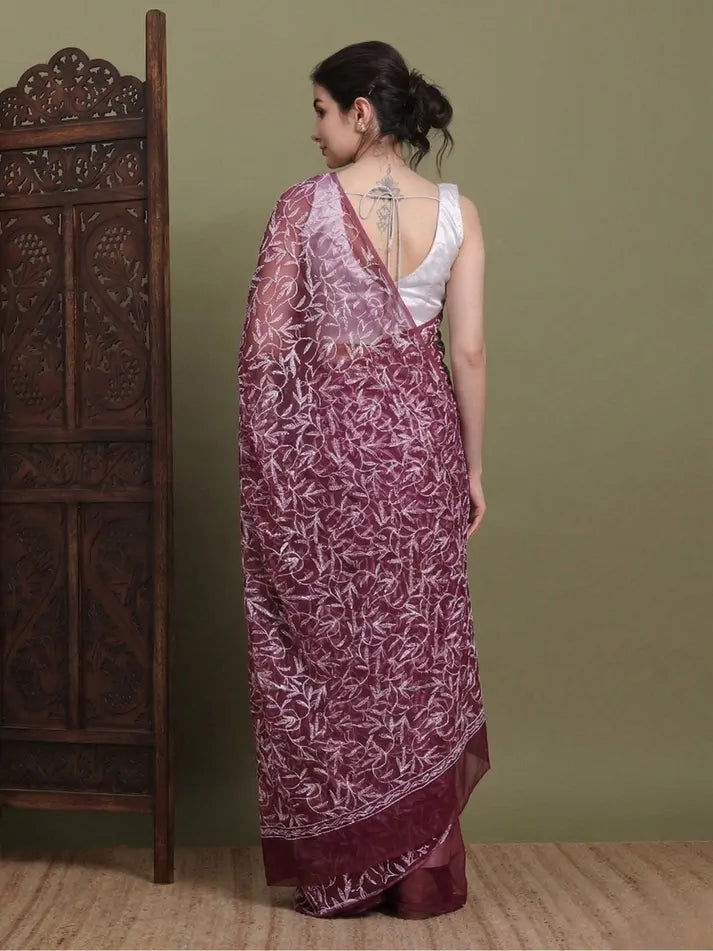 Back View of Maroon Lucknowi Chikankari Saree