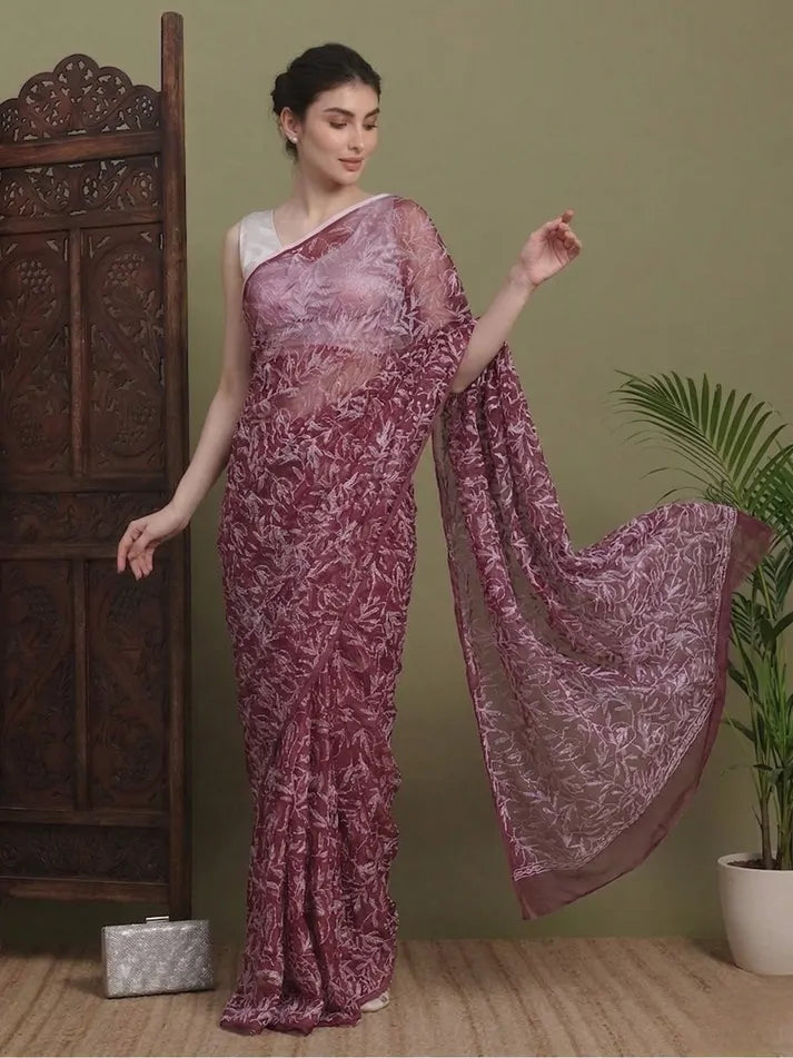 Maroon Chikankari Saree Drape View