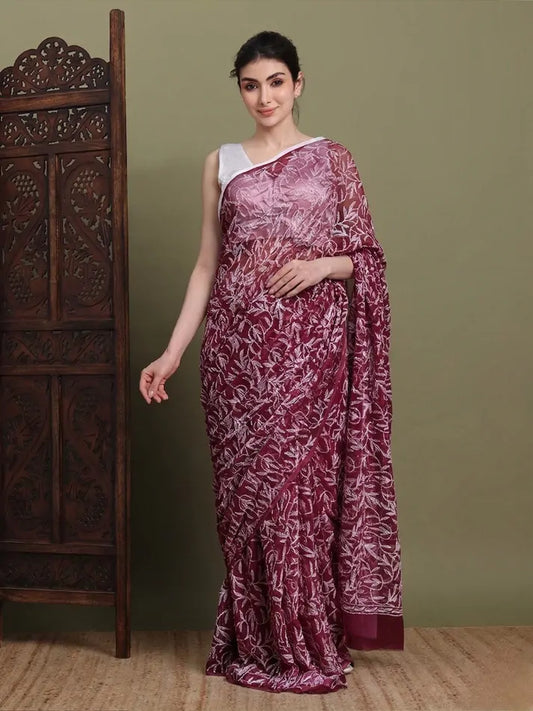 Maroon Lucknowi Chikankari Saree Front View