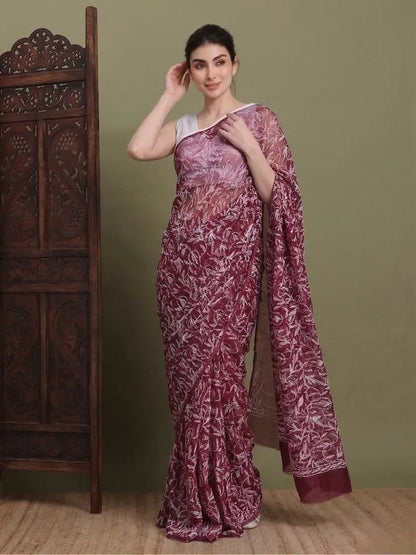 Full Look of Maroon Lucknowi Chikankari Saree