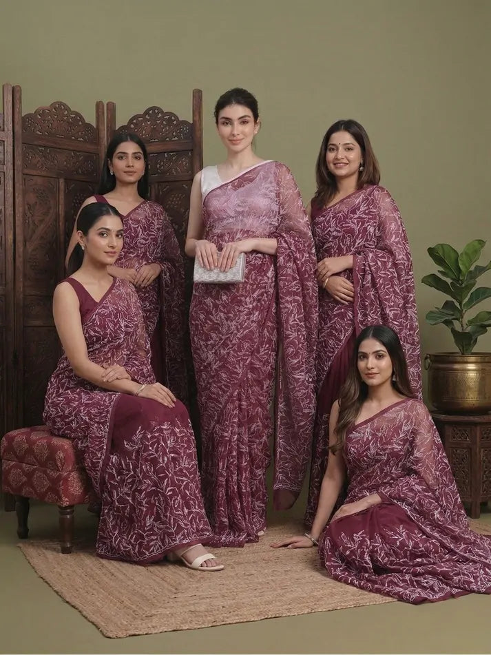 Maroon Lucknowi Chikankari Saree Group Collection