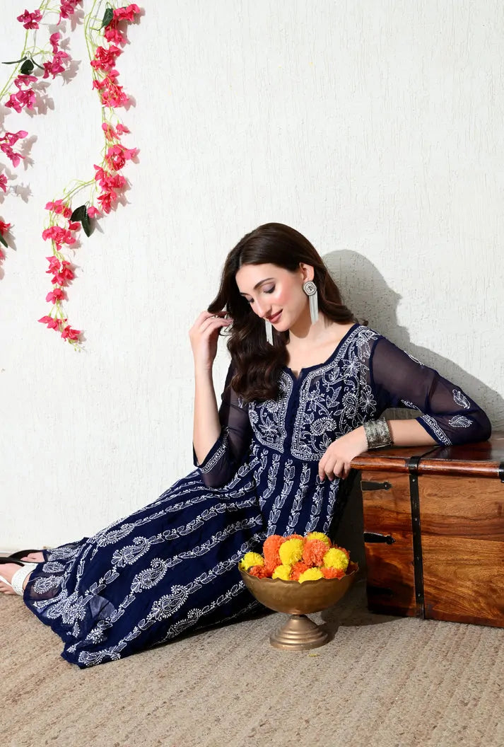 Navy blue embroidered Anarkali kurti lifestyle photoshoot image