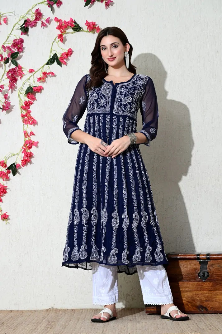 Navy blue embroidered Anarkali style kurti for women front view