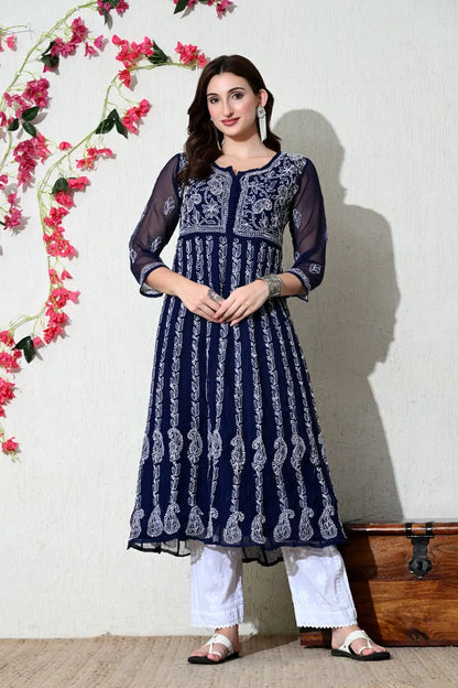 Navy blue embroidered Anarkali style kurti for women front view