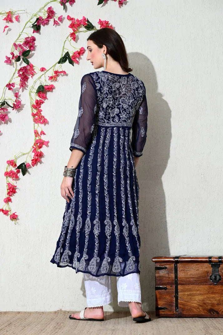 Navy blue embroidered ethnic kurti for women back view with white pants