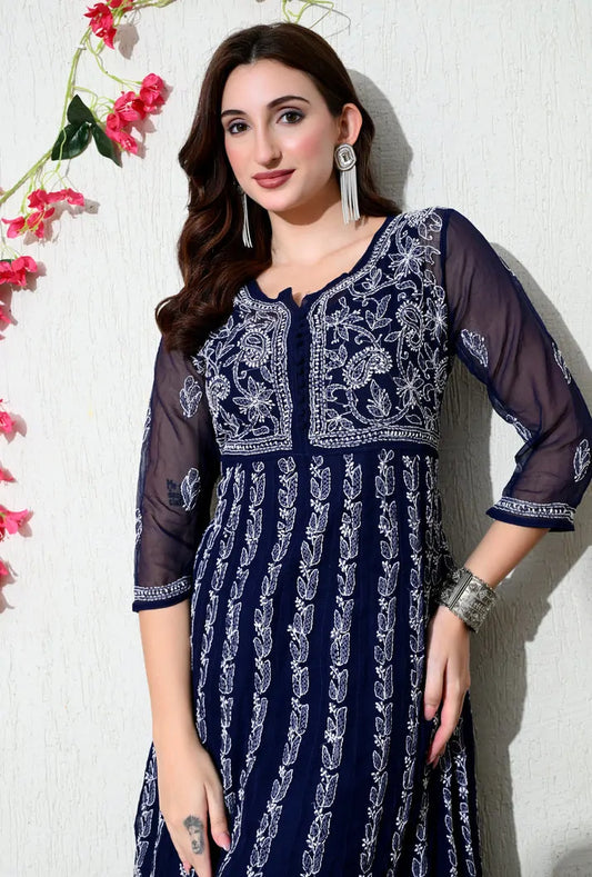 Close portrait view of navy blue embroidered women's kurti