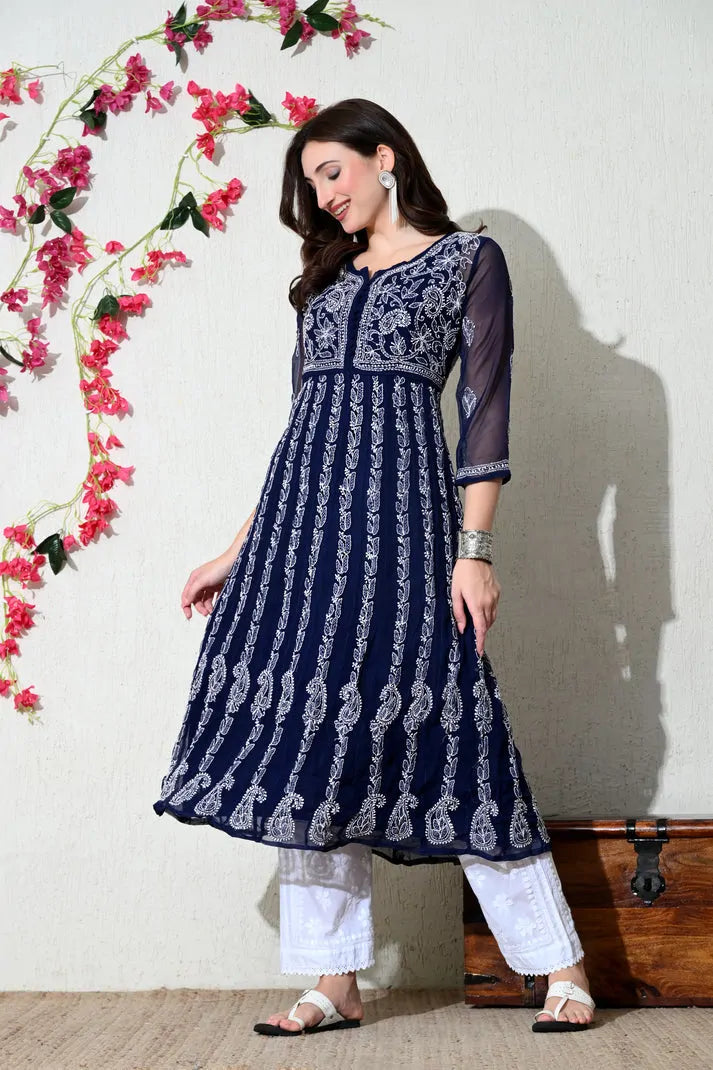 Navy blue flared embroidered kurti for women stylish fashion pose
