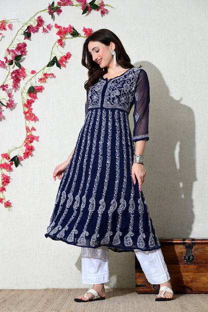 Navy blue flared embroidered kurti for women stylish fashion pose