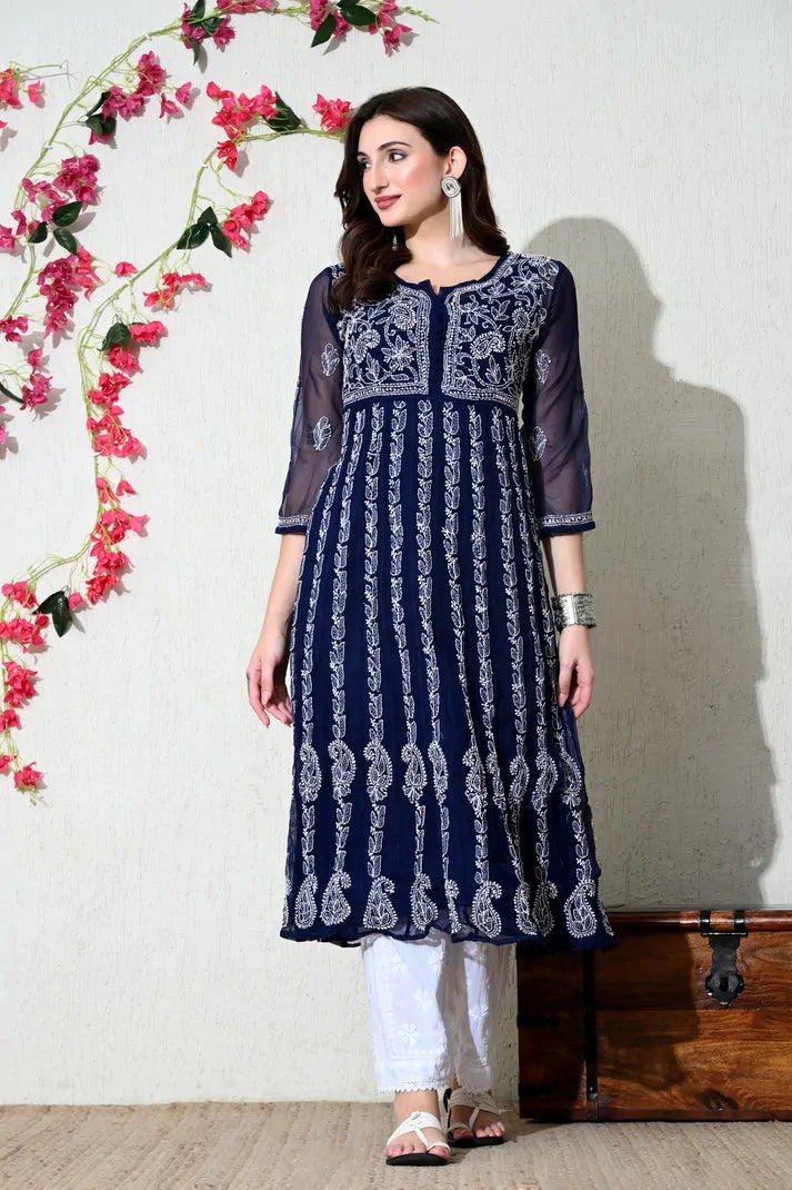 Full length navy blue embroidered kurti for women with three quarter sleeves