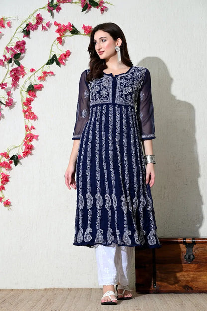 Full length navy blue embroidered kurti for women with three quarter sleeves