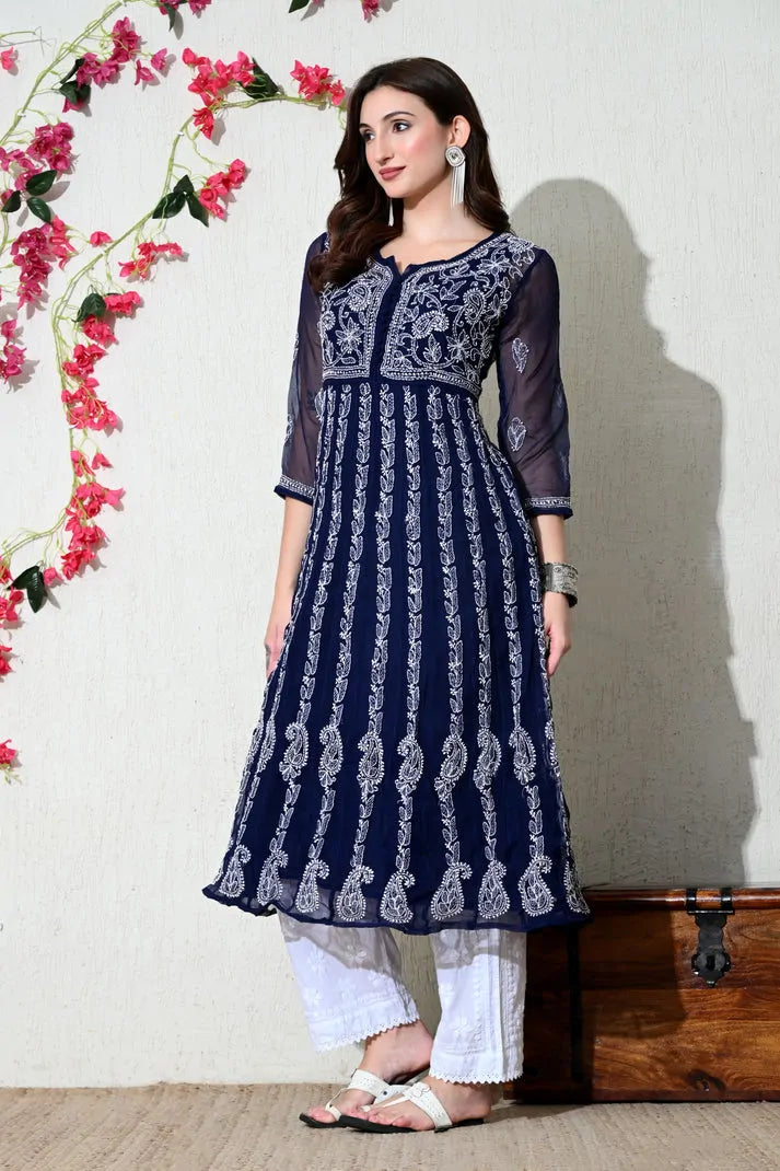 Navy blue ethnic kurti for women side pose with detailed embroidery