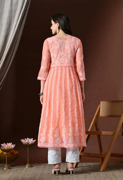 Back view of peach embroidered anarkali kurta set for women with white pants