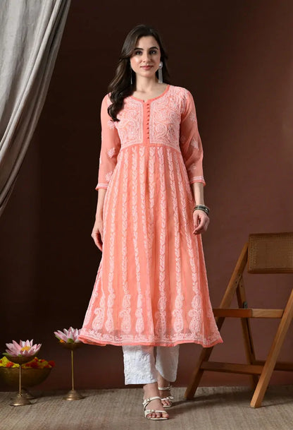 Full length view of women's peach ethnic anarkali kurta set