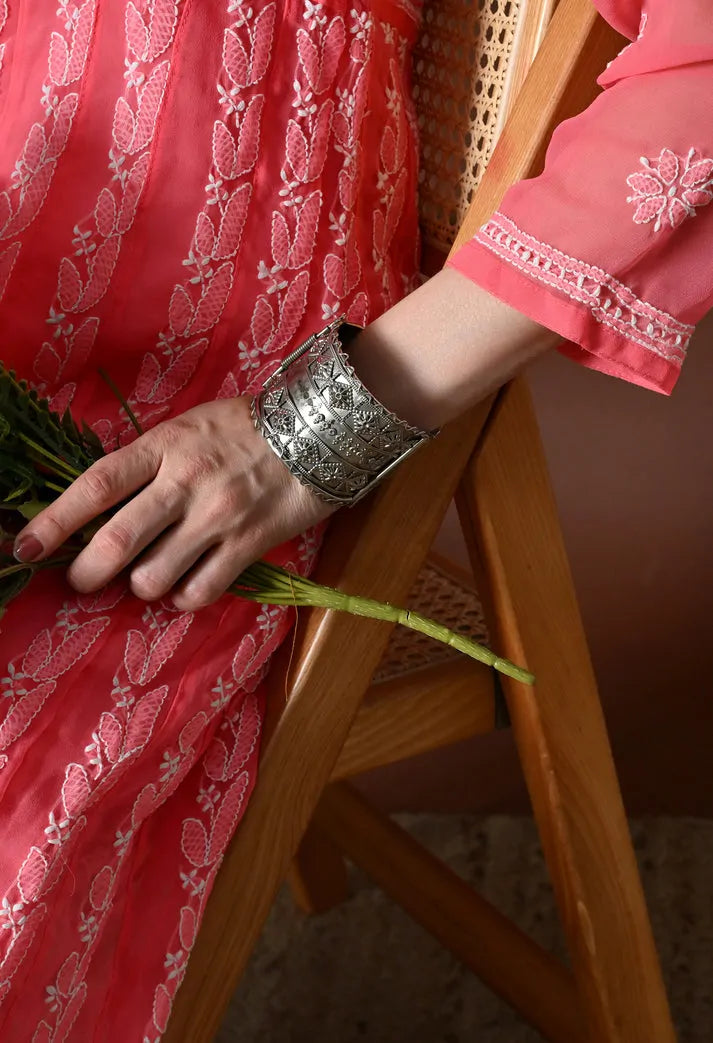 Sleeve Handwork Detail of Peach Chikankari Kurti