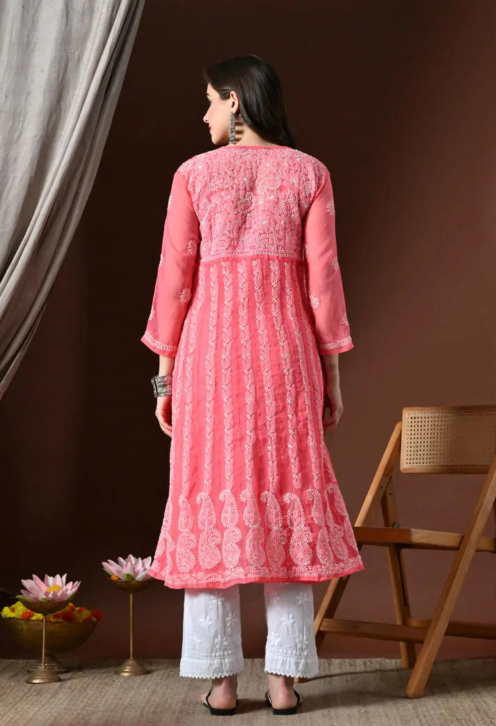 Back View of Peach Lucknowi Chikankari Handwork Anarkali Kurti