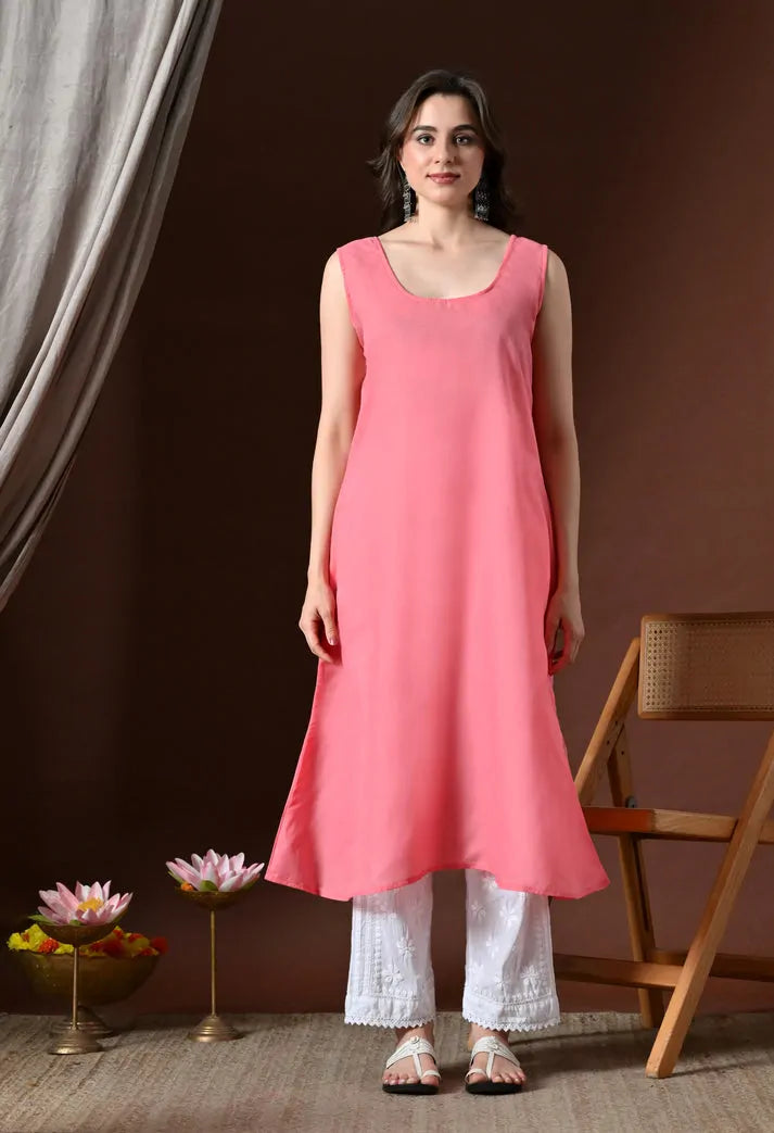 Peach Lucknowi Chikankari Handwork Anarkali Kurti Front View