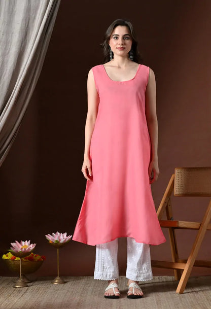 Peach Lucknowi Chikankari Handwork Anarkali Kurti Front View