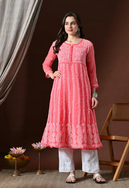Full Length Peach Lucknowi Chikankari Anarkali Kurti