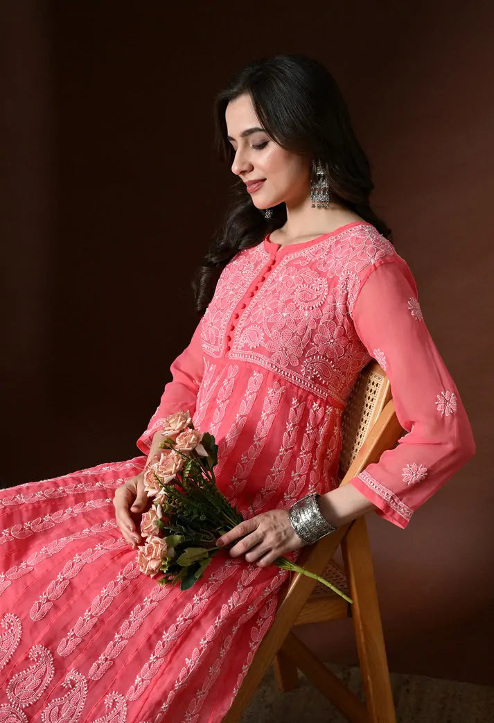 Peach Lucknowi Chikankari Kurti Lifestyle Shot