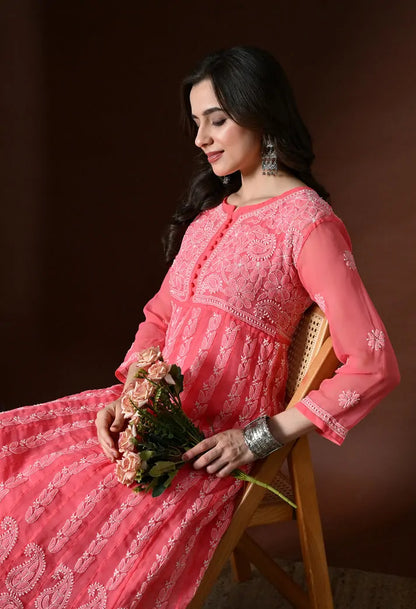 Peach Lucknowi Chikankari Kurti Lifestyle Shot