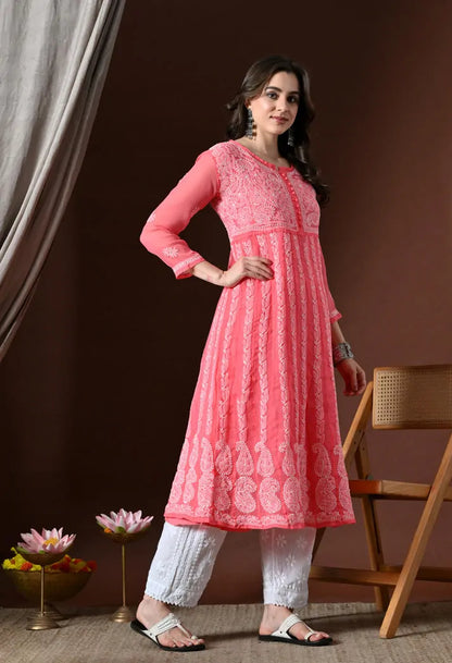 Peach Lucknowi Chikankari Anarkali Kurti Model Pose