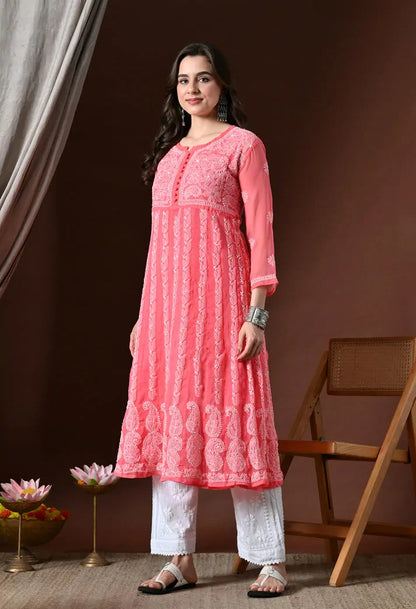 Side View of Peach Lucknowi Chikankari Handwork Kurti