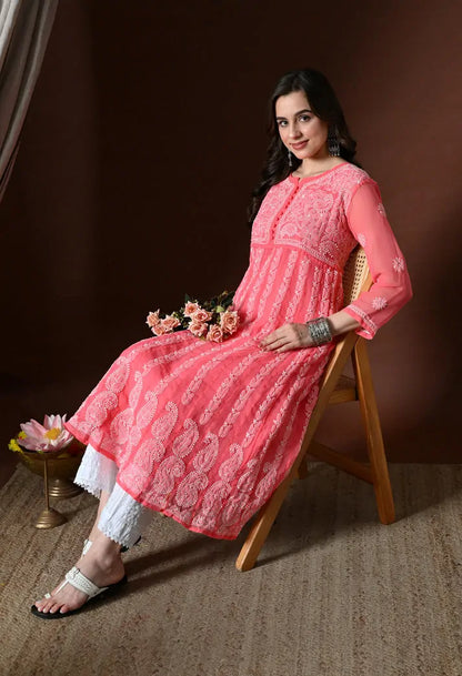 Peach Chikankari Anarkali Kurti Sitting Pose