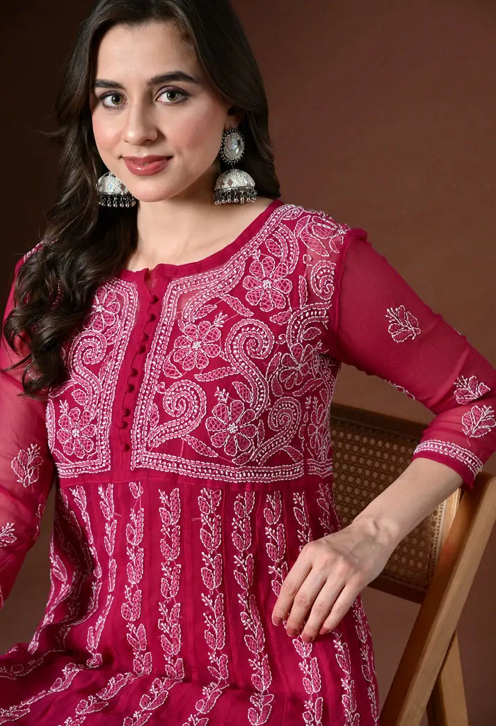 Detailed view of embroidered bodice on pink cotton anarkali kurta