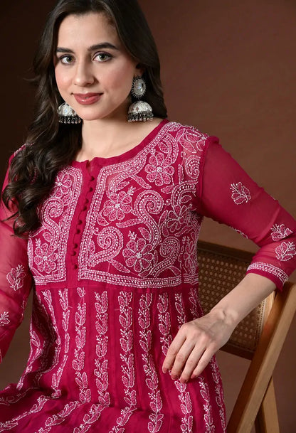 Detailed view of embroidered bodice on pink cotton anarkali kurta