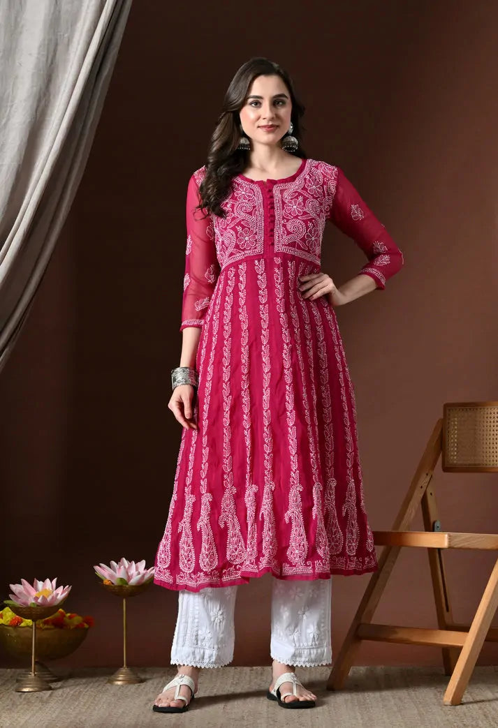 Full length view of pink floral printed cotton anarkali kurta set for women