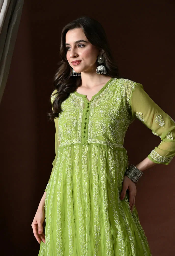 Close up portrait view of women's pistachio green embroidered anarkali kurta