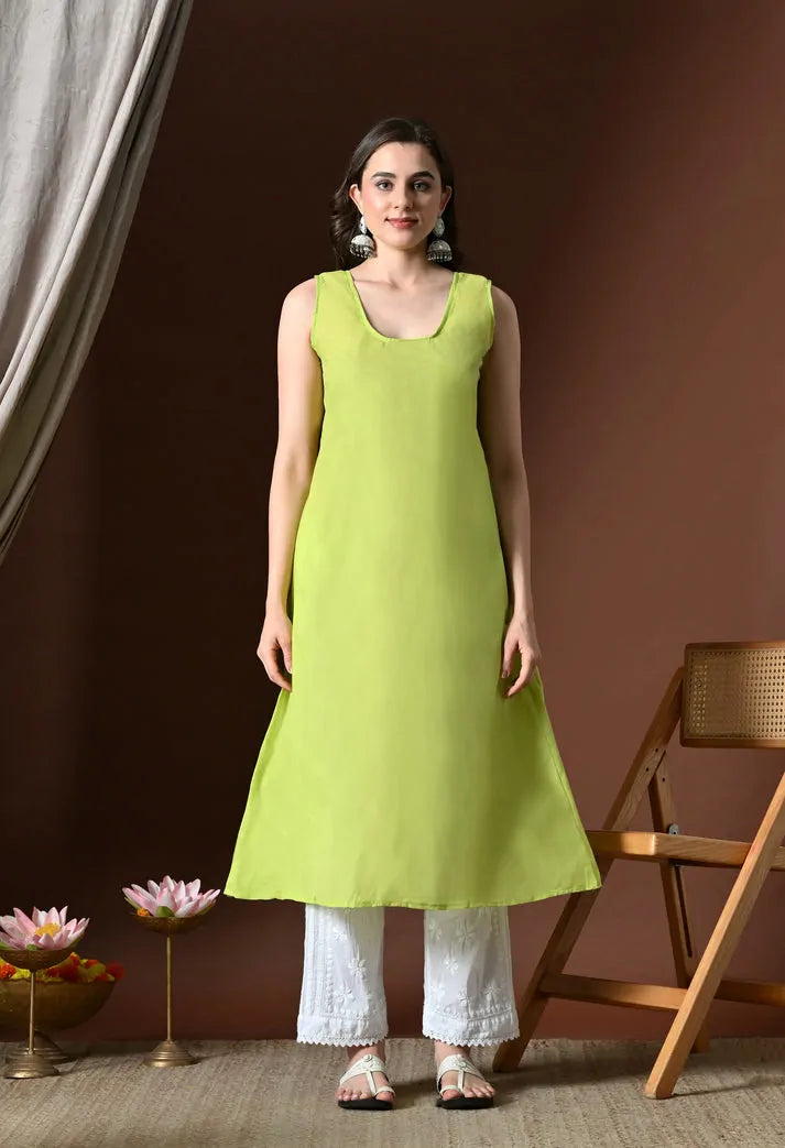 Women's pistachio green embroidered anarkali kurta set with white pants front view