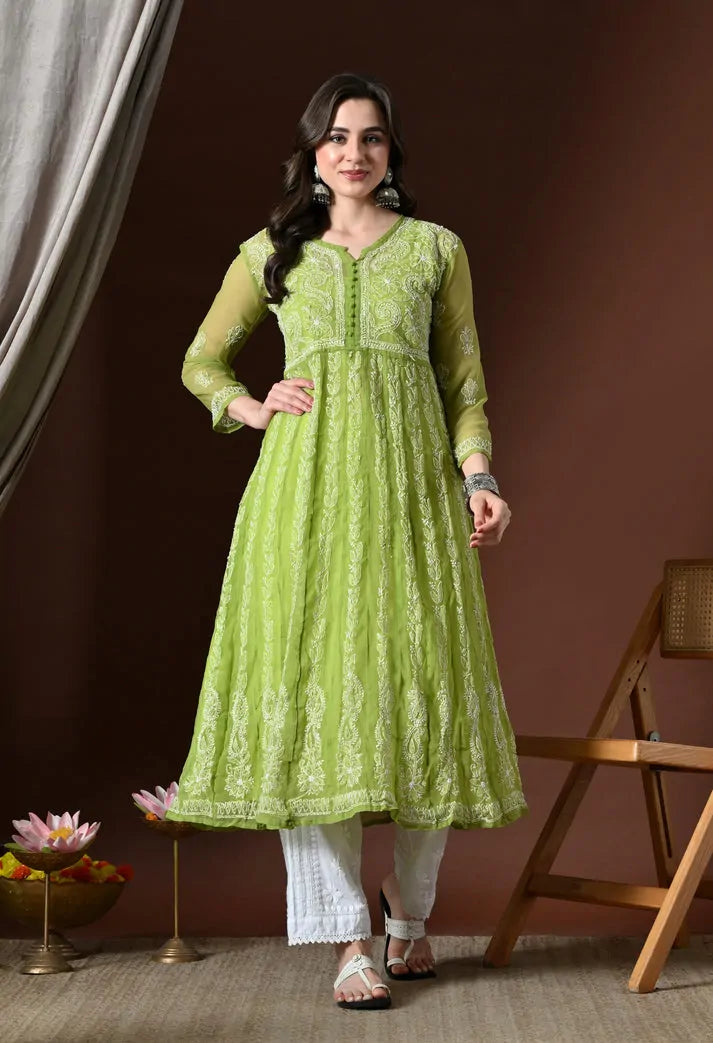 Full length view of pistachio green embroidered anarkali kurta set for women