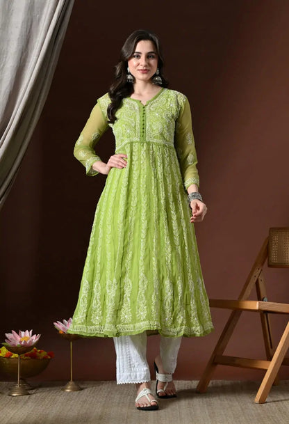 Full length view of pistachio green embroidered anarkali kurta set for women