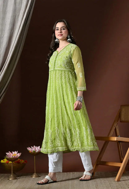 Side view of women's pistachio green ethnic anarkali kurta set
