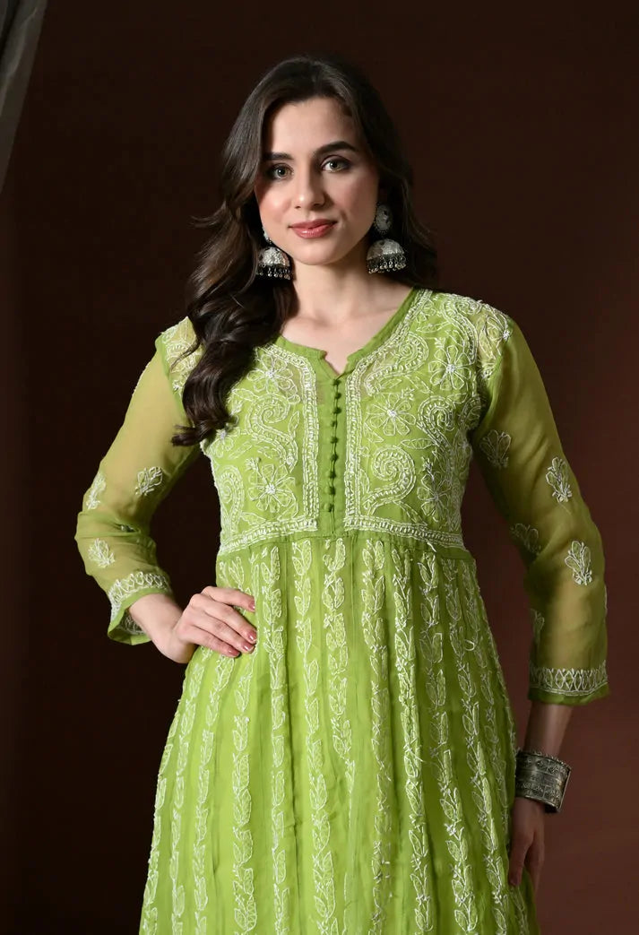 Close up of embroidered bodice design on pistachio green anarkali kurta