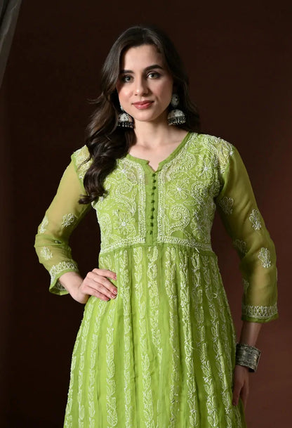 Close up of embroidered bodice design on pistachio green anarkali kurta