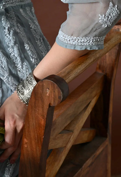 Sleeve Handwork Detail of Powder Blue Chikankari Kurti