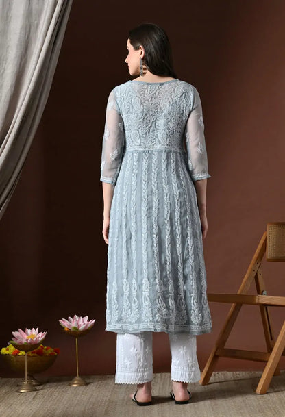 Back View of Powder Blue Lucknowi Chikankari Handwork Anarkali Kurti