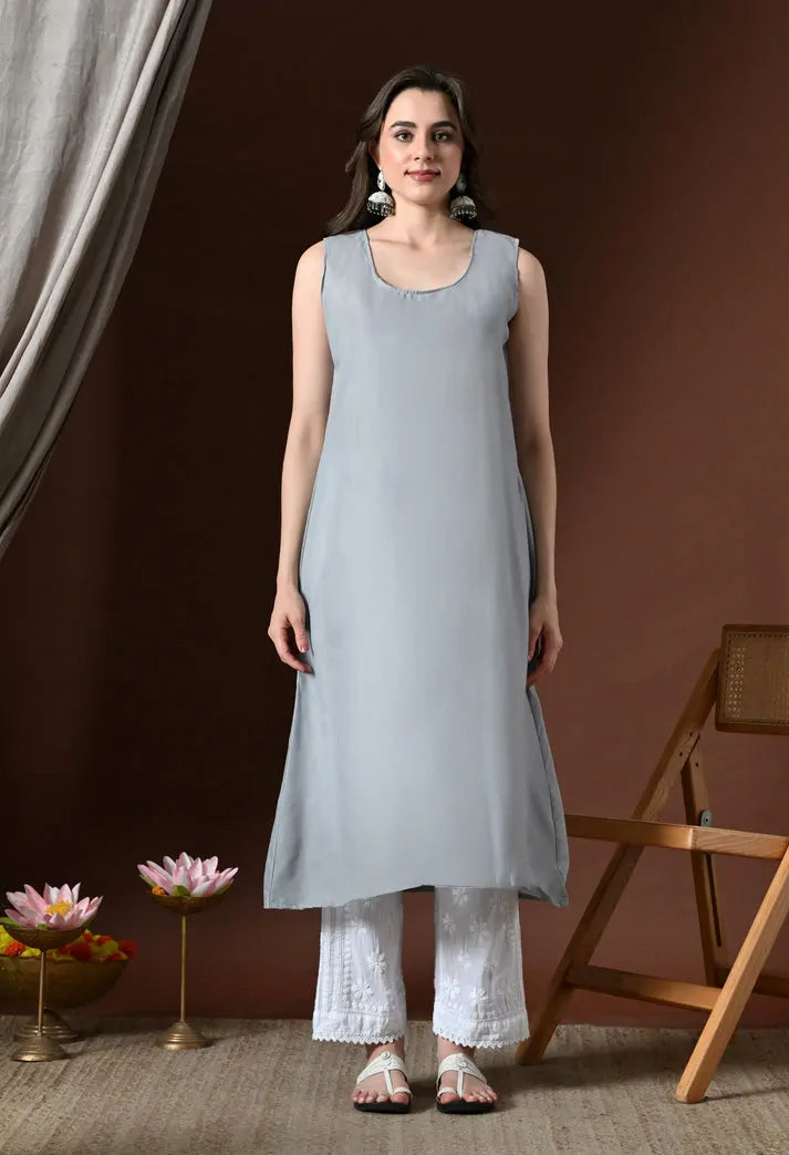Powder Blue Lucknowi Chikankari Handwork Anarkali Kurti Front View
